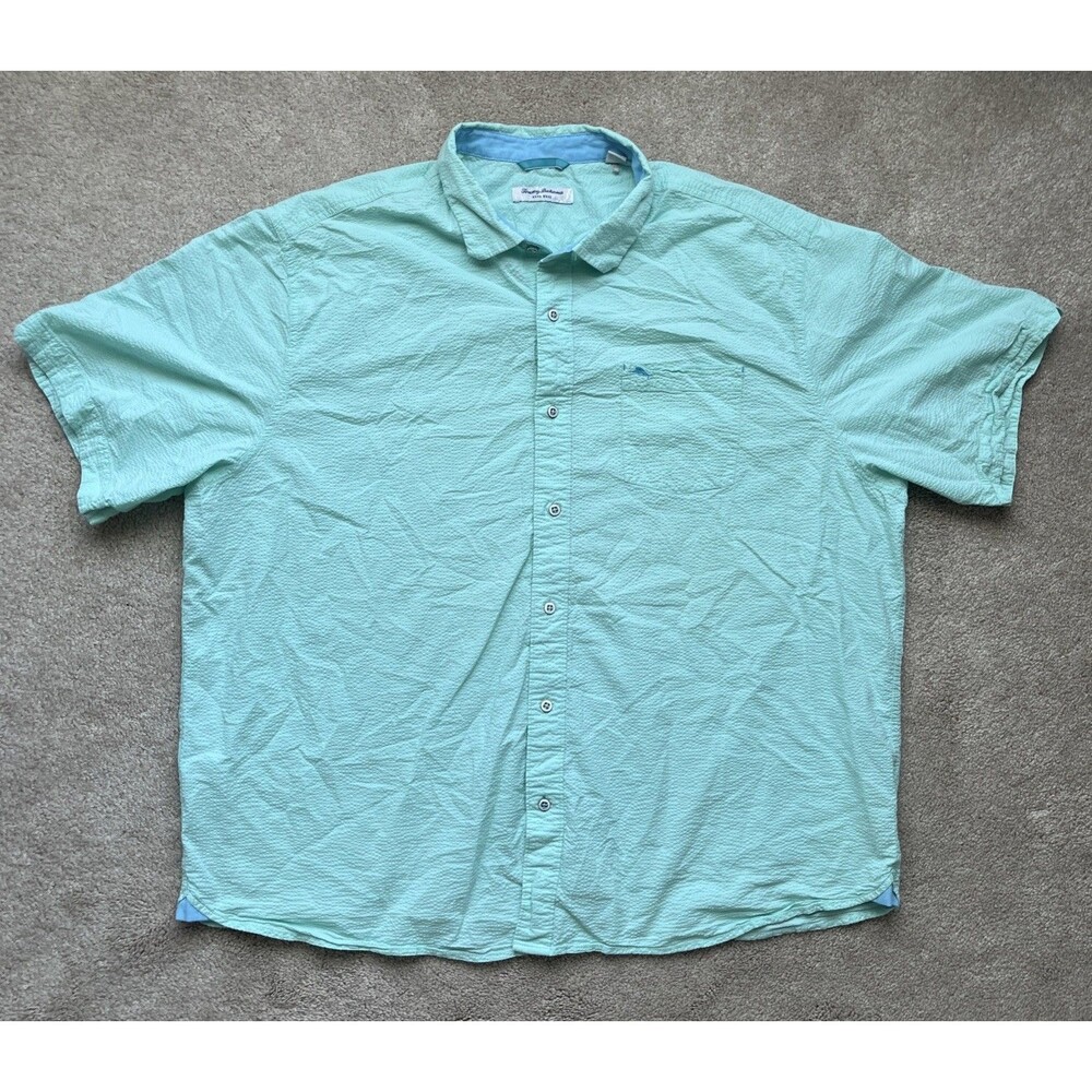 Tommy Bahama Seersucker Shirt Men 2XLB Nova Wave Green Beach Hawaiian Casual